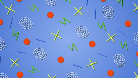 Background with multicolor geometric shapes pattern in retro, memphis 80s - 90s style on blue...