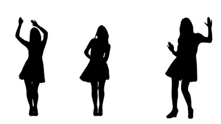 Black silhouette of a woman in a dress dancing cheerfully at a festive party. 3 in 1 Collage front view full length on white background. Concept of a holiday, birthday, party, dance and fun.の写真素材