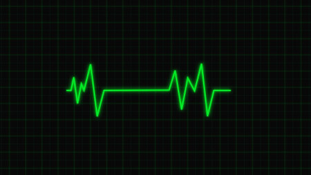 3D render of heart rate graph. Heartbeat on the screen of the cardiograph monitor. Green Ekg icon wave. ECG, healthcare, medicine and cardiology concept.の写真素材