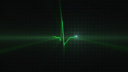 3D render green ecg icon wave of cardiac frequency. Heartbeat cardiogram on the screen of the cardiograph monitor. Pulse, heart rate, examination in hospital. Concept of health, healthcare, ambulance.の写真素材