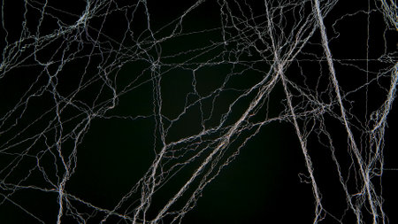 Creepy hanging spider web or cobweb on a black background. Spooky Halloween party or gothic...