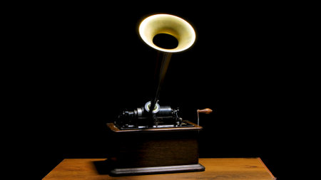 Classic Edison Phonograph on a wooden table in a dark studio. Retro vintage machine to reproduce sound making listening to music. Antique musical instrument with loudspeaker trumpet and rotary handle.の写真素材