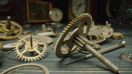 Disassembled watch parts, clockwork. Metal gears, toothed wheels, cogwheels, gearwheel against...