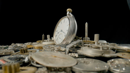 Side view of old silver pocket watch on a pile of gears, gearwheels, cogwheels and a metal watch bracelet on black isolated background. Disassembled parts clockwork in workshop, repair. Close up.の写真素材
