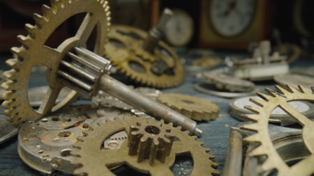 Pile of metal internal parts of an old clock. Clockwork, gears, cogwheels lie on the table on a...
