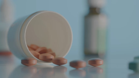 Round brown pills scattered from bottle on table on blue background. Brown tablets against the...
