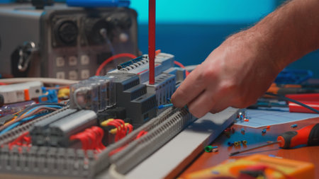 Unrecognizable man with a screwdriver in his hands twists the blue wire in an automatic electrical switch in an electrical workshop. An electrician is repairing a switchboard with switches. Close up.の写真素材