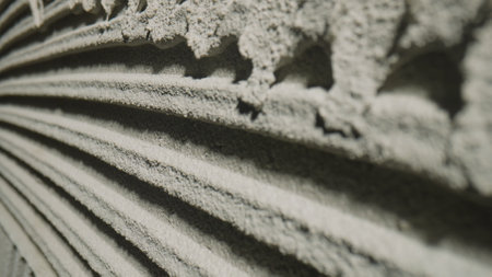 Fresh concrete texture with patterns of notched trowel. Macro shot of grey surface cement putty on wall with lines or strokes stripes. Uneven adhesive mortar paste for ceramic tilesの写真素材
