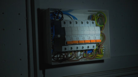 White electrical panel with many wires, electrical parts, automatic switches, breakers, residual current devices, fuses, terminals. High voltage automatic breaker switch, close up in the dark.の写真素材