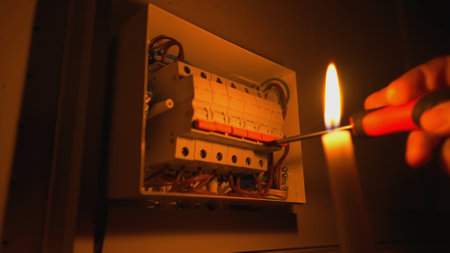 Electrician assembles electrical panel in dark by light of burning candle. Close up of a mans hands...