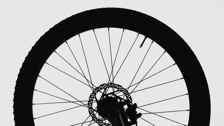Black silhouette of a bicycle wheel on a white isolated background. Close up of round bike wheel with rubber tread tire, nipple, spokes and brake. Part of a rubber wheel from a sporty modern bicycle.の写真素材