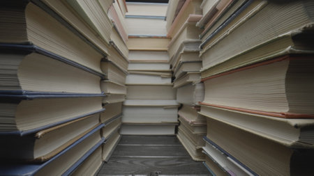 Stacks of old books with color shabby covers. Vintage textbooks stacking piled. Literary archive of...