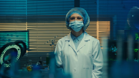 Portrait of a woman doctor in a mask, goggles, white gown and blue bonnet. A woman looks directly into the camera. View through a shelf with glass flasks, test tubes and vials. Blue light. Close up.の写真素材