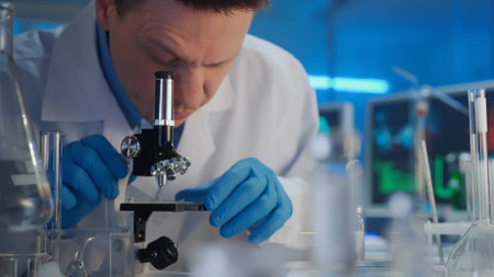 A male researcher in a white gown and blue gloves is examining a sample in a microscope. Laboratory...