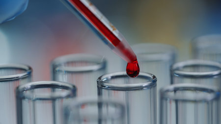 A drop of red liquid drips from a glass pipette into a transparent test tube. A dripping drop of blood and a row of test tubes with round necks in a macro shot. Sample analysis, research in laboratoryの写真素材
