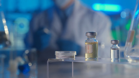 Glass vials with SARS-CoV-2 virus vaccine on a blurred background with a doctor in a white coat. Bottles with transparent liquid and light reflection. The concept of vaccination. Close up.の写真素材