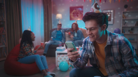 A group of young people have fun at a house party, birthday party, drink drinks from paper cups. A...