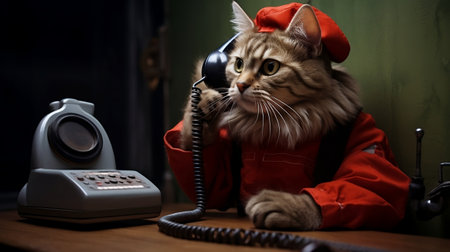 Cat in red clothes calls on a retro phone. Generative AI.の素材