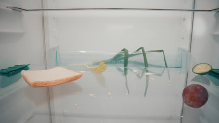 Closed empty refrigerator. Only a piece of bread, crumbs, plums, the remains of lettuce and cucumber on the refrigerator shelf. There is no food at home. View from inside the refrigerator.の写真素材
