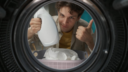 View from inside the washing machine, adult man with laundry basket holding a bottle of softener in handの写真素材