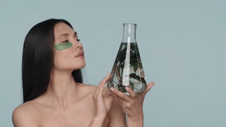 A woman with green hydrogel patches under her eyes holds a flask with a plant. Seminude woman in the studio on a blue background. Cosmetic products based on natural plant ingredients.の写真素材