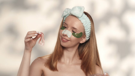Woman holding lip patches in studio on gray background with highlights. A woman with a hair band on her head, with green patches under her eyes and with a patch from blackheads on her nose.の写真素材