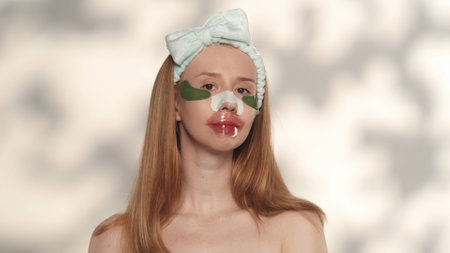 Portrait of a woman performing cosmetic procedures on a gray background with highlights close up. A woman with patches under her eyes, on her lips, and with a patch from blackheads on her nose.の写真素材
