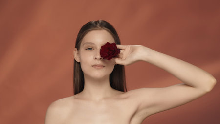 A woman closes her eye with a red rosebud. Seminude woman in the studio on a red background. The concept of beauty, cosmetology, care.の写真素材