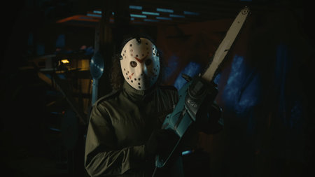 Man in the hockey mask standing in the warehouse and holding a chainsaw.の写真素材