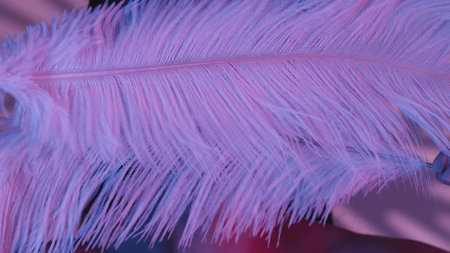 Close up shot of a seminude young womans face and body. Shes covering her face with two white feathers. Shadowed background, pink and blue neon color scheme.の写真素材