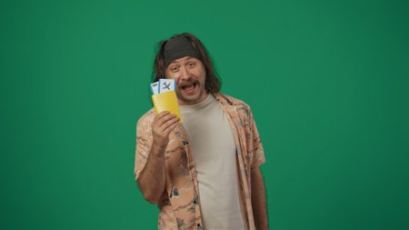 Man traveller in casual clothing holding flight tickets and passport, happy smiling face expression,...