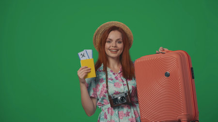 Woman traveller in straw hat holding flight tickets, passport and suitcase, smiling happy face expression. Isolated on green background.の写真素材