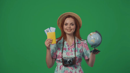 Woman traveller holding small globe and flight tickets, smiling face looking at the camera. Isolated on green background.の写真素材