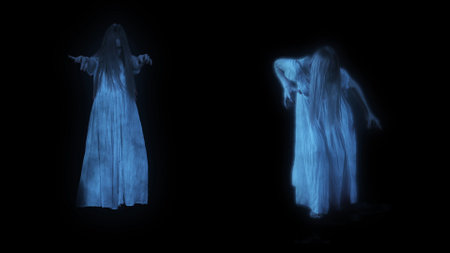 Full-size shot capturing two female figures, poltergeist, ghost silhouettes, hologram standing in...