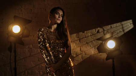 Closeup shot of beautiful brunette woman wearing golden dress, standing in the studio against brick wall.の写真素材