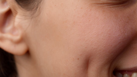 Portrait of caucasian female model, closeup shot of beautiful young woman cheek area skin texture with no makeup smiling.の写真素材