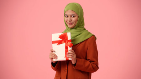 Medium-sized isolated photo capturing an attractive young woman wearing a hijab, veil. She is holding a gift box, present in her hands, excited and happy.の写真素材