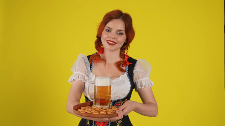 Medium yellow background isolated shot of a young German woman, waitress wearing a traditional...