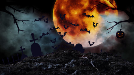 Photo background. Graveyard filled with tombstones. Zombie hands raising from under the ground. The walking dead, halloween holidays, spooky season.の写真素材