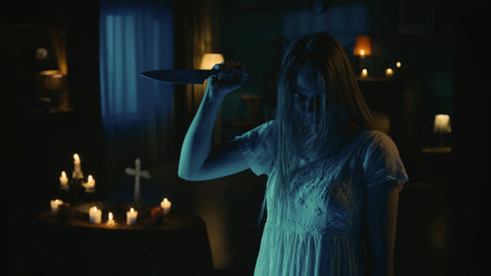 Shot of a posessed young female, ghost, entity, polterheist standing in the dark room, looking at the camera, then raising a knife and smiling visiously.の写真素材