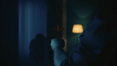 Shot capturring a blurry possessed person, ghost, entity, hunched over and shaking. A priest is scaring the creature away with a cross he holds in his hand.の写真素材