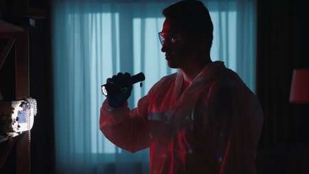 A young forensic expert in overalls and goggles is using a flashlight while examining a crime scene...