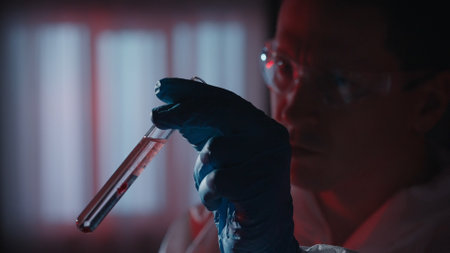 The forensic examiner examines a blood sample in a test tube with a reagent. A man in protective overalls and goggles collects evidence at the crime scene, in a dark apartment lit red police sirens.の写真素材