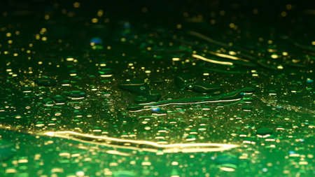 Green ink paint colored water surface with oil drops moving mixing in, abstract wallpaper background.の写真素材