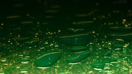 Many oil droplets floating mixing on dark green colored water surface, abstract background,...