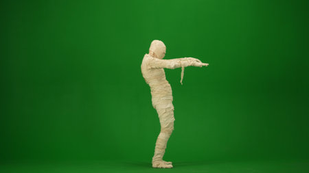 Green screen isolated chroma key side view photo capturing a mummy outstretching its arms and as if its trying to scare. Full length.の写真素材