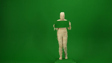 Green screen isolated chroma key photo capturing a creepy holding a green screen banner. Full length.の写真素材