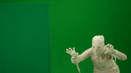 Green screen isolated chroma key half turn photo capturing a croooked mummy standing by a green screen banner box, raising its hands and scaring. Medium size.の写真素材