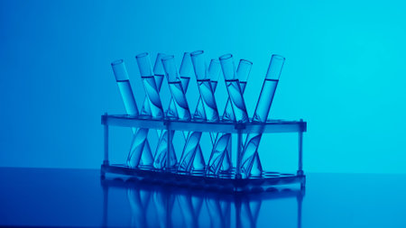 Close up video neon blue light test tubes filled with fluid in a laboratory. Scientific experiment,...
