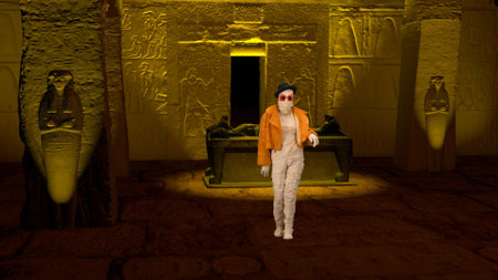 Egyptian pharaoh entombment. The mummy mummy in orange coat, hat and sunglasses walking gracefully towards the camera as if its on a catwalk. Full length.の写真素材